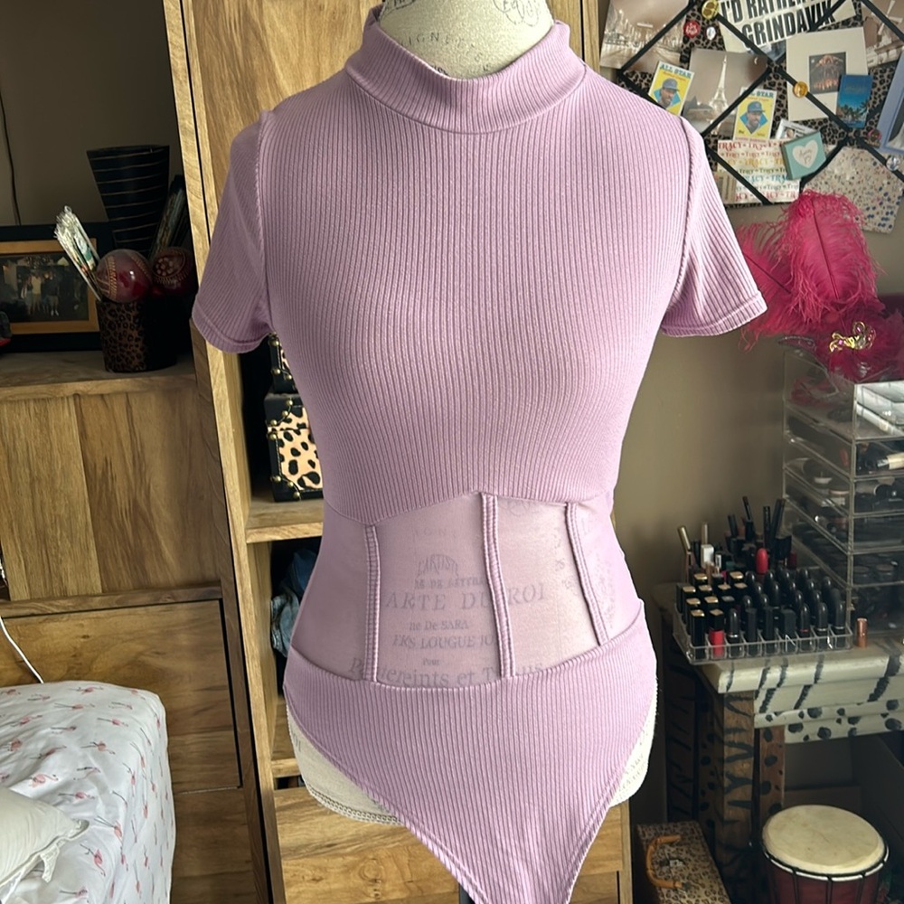 My Land Purple Ribbed Sheer Panel Bodysuit - Large